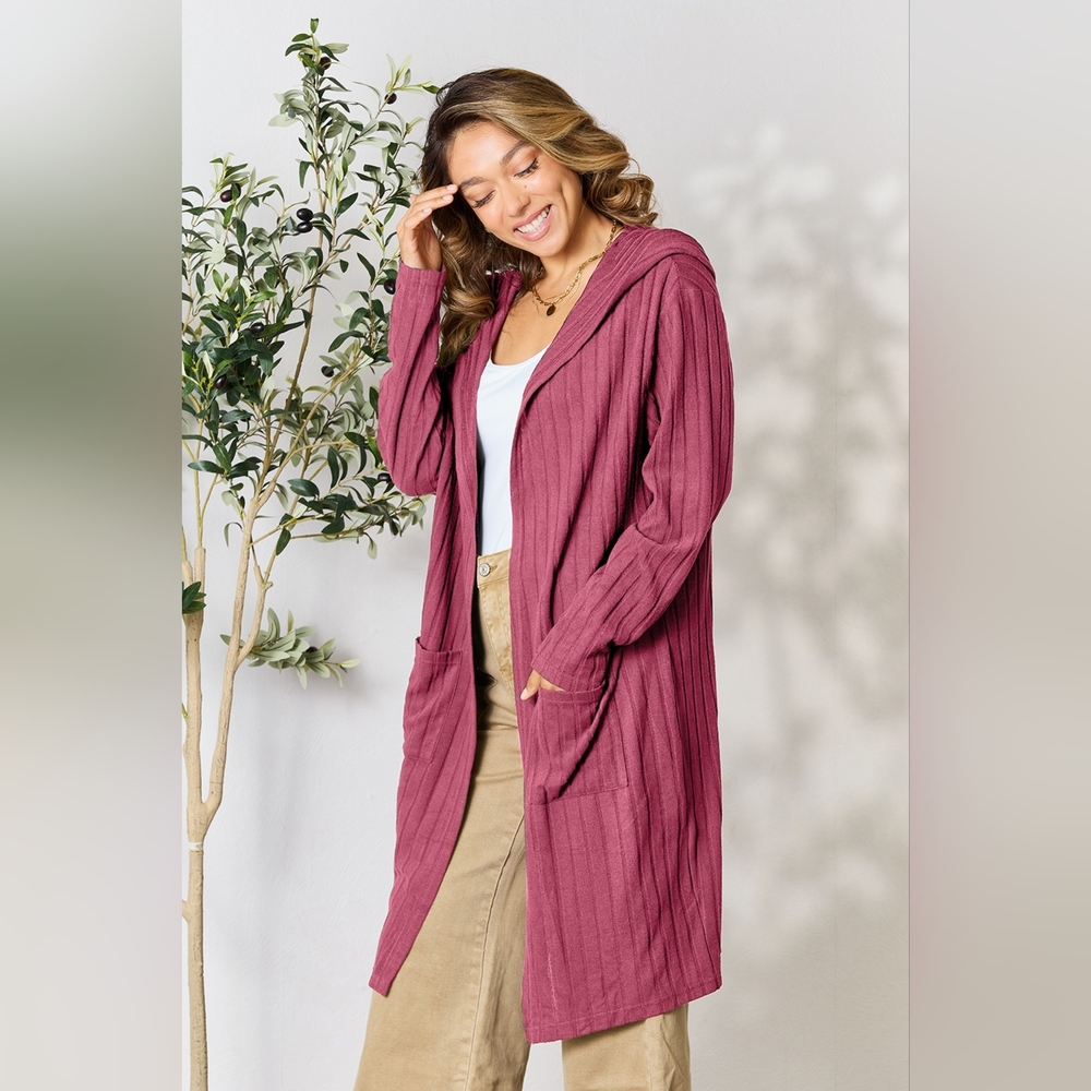 Basic Bae Designer Fushia Full Size Hooded Sweater Cardigan